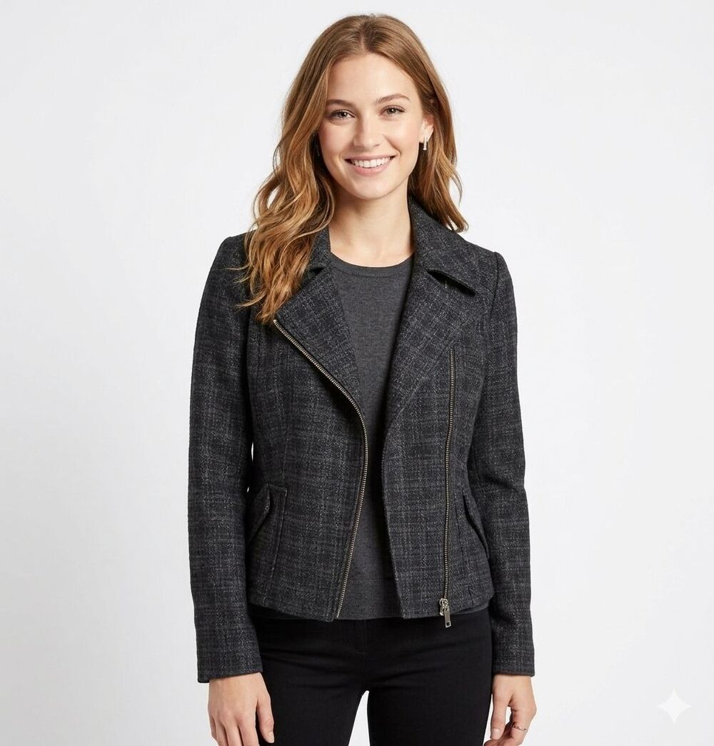Halogen Wool Blend Tweed Moto Jacket Blazer Gray Size Medium EUC Asymmetrical